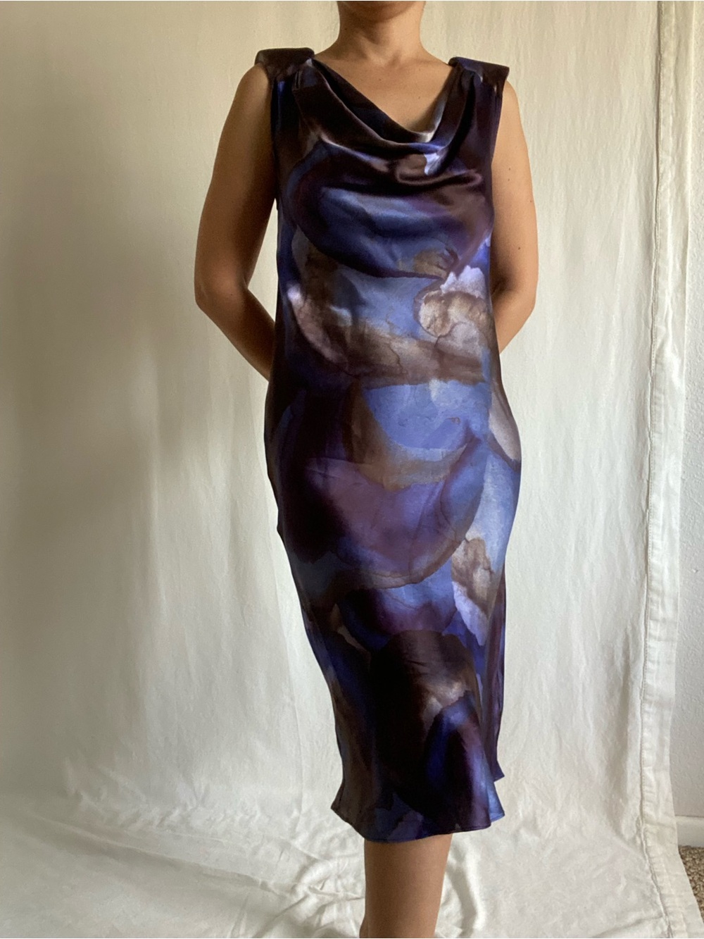 Pennyblack 100% Silk Abstract Water Color Cowl Neck Midi Dress Size 4